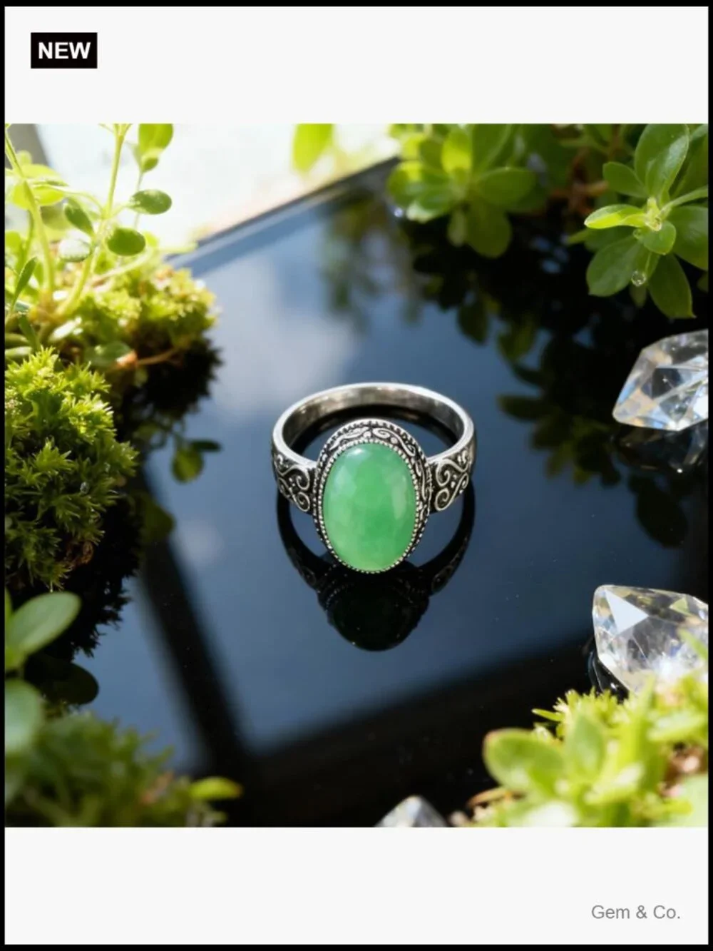 Oval Jade Statement Ring with Natural Gemstone in Sterling Silver